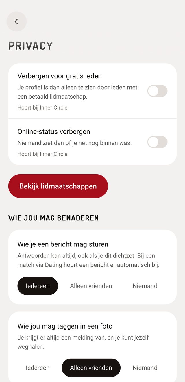 Schermafbeelding van de zichtbaarheidsinstellingen in de app