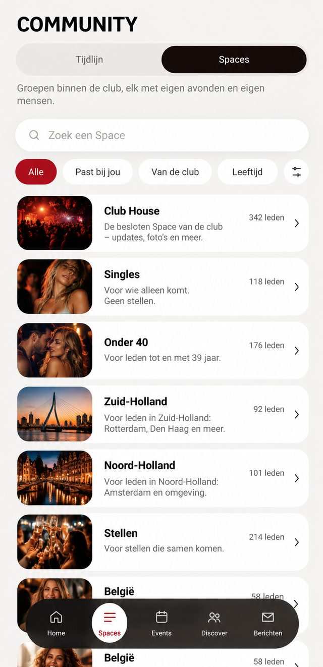 Schermafbeelding van het Spaces-overzicht in de app