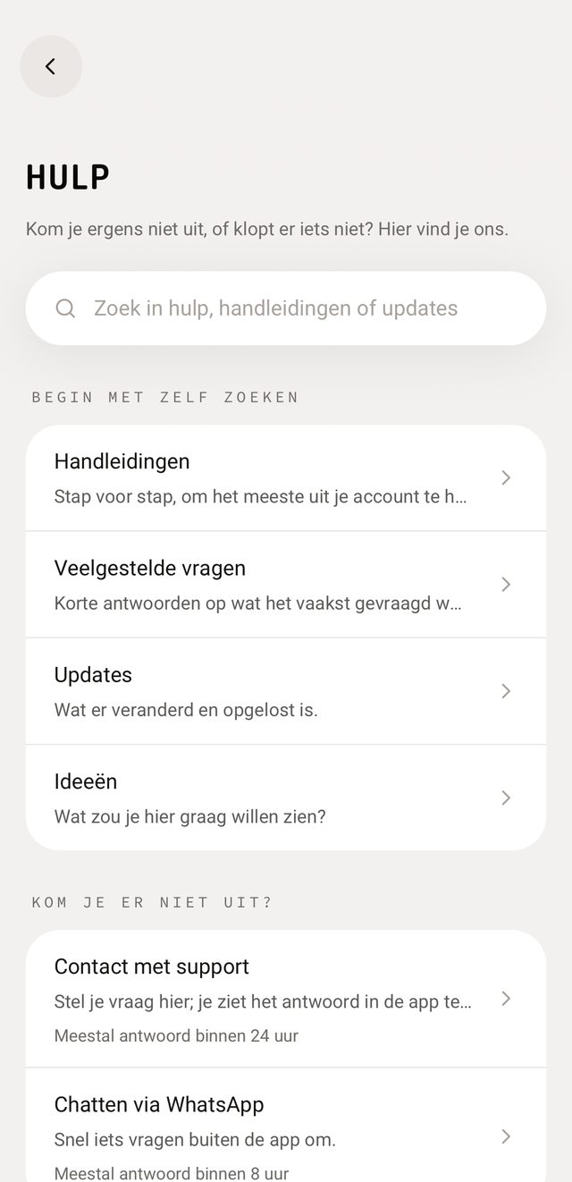 Schermafbeelding van het hulpcentrum in de app