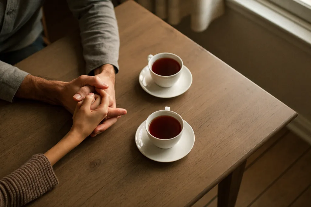 Twee handen die elkaar licht vasthouden op een houten tafel naast twee kopjes thee, warm raamlicht