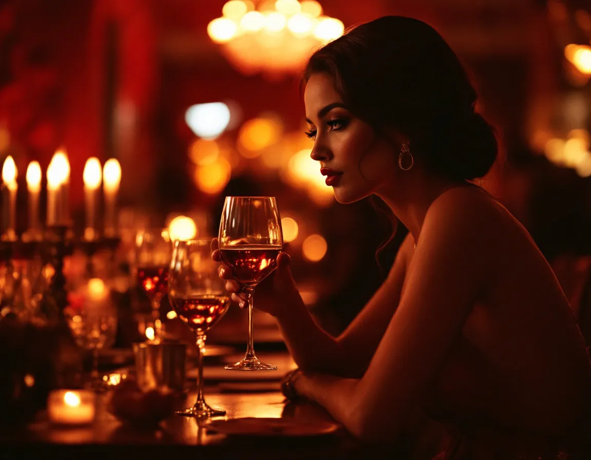 Elegante vrouw en profil met een glas wijn aan een kaarslicht-verlichte tafel