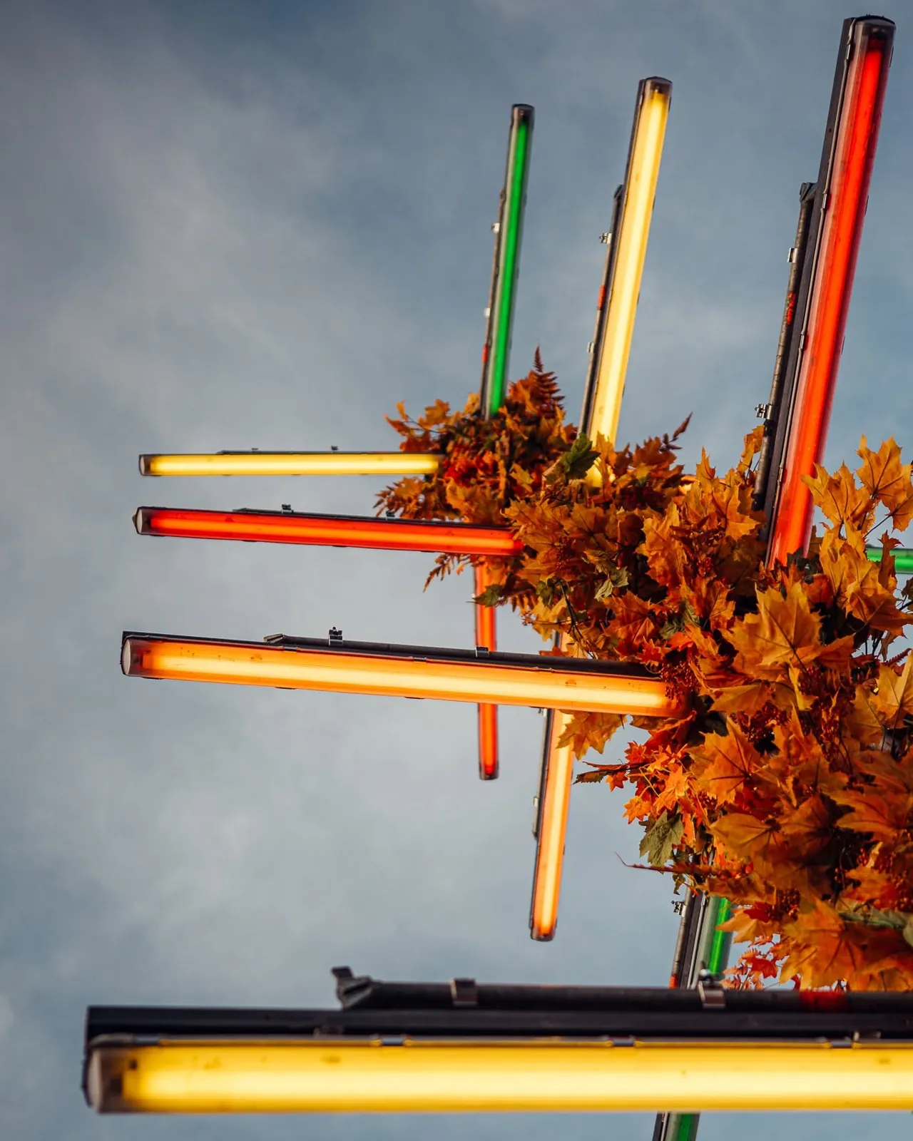 Herfstkrans van oranje bladeren rond neonbuizen in geel, rood en groen, gezien van onderaf tegen een bewolkte lucht