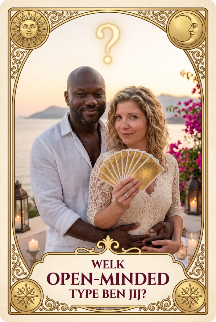 Welk open-minded type ben jij? Acht tarotkaarten met types, een koppel aan zee.